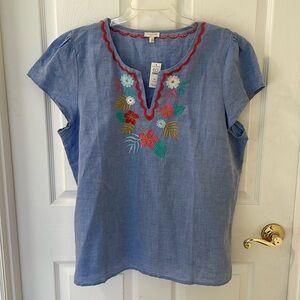 Short sleeve embroidered linen shirt